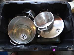 lot 180 image: HDX 27 Gal. Tough Storage Bin in Black wYellow Lid Full of Kitchenware
