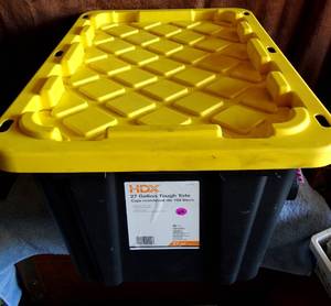 lot 216 image: HDX 27 Gal. Tough Storage Bin in Black wYellow Lid