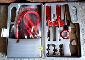 lot 292 image: EMERGENCY ROADSIDE KIT INCLUDES NEW BATTERY CABLES AND A FEW ITEMS AS SHOWN