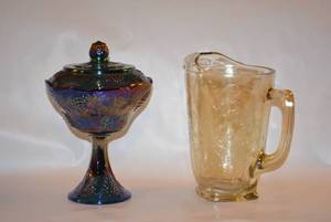lot 4 image: Blue Irredescent Compote Dish and Yellow Glass Pitcher