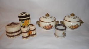 lot 18 image: Ceramic Barrel Table Items, Matching Metal Bowls, and Votive Candle Holder