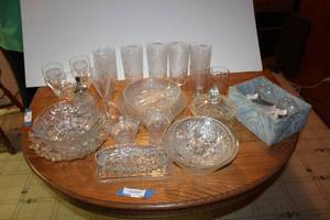 lot 183 image: Misc. Glassware and Dishes, see pictures, Includes Bride and Groom Glasses