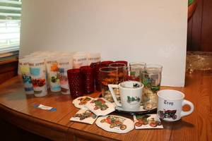 lot 185 image: Antique Car Plaques and Glass sets Plus Ruby Red Hobnail Glass Tumblers