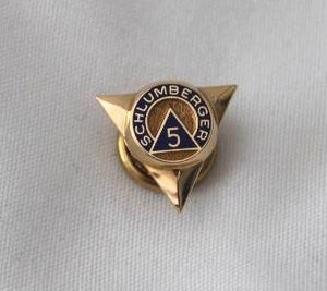 lot 500 image: 14K yellow gold Schlumberger enamel 5 year employee pin. Marked Haltons 14K