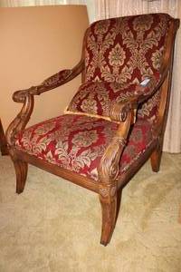lot 12 image: Vintage Upholstered Armchair, Beautiful Carved Wood Trim