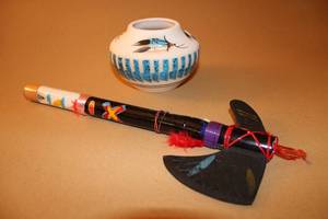 lot 68 image: Signed Native American Hand Painted Pottery Bowl and Mizutani Flute