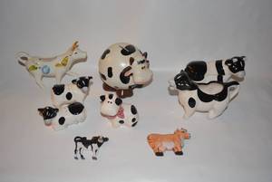 lot 32 image: Cow Figurines Including Salt and Pepper Shakers and Creamers