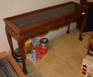 lot 42 image: Glass Top Buffet Table, Wood Carved and Claw Feet