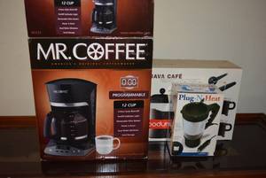 lot 34 image: Mr. Coffee Coffeepot, Plug-n-Heat Travel Pot, and Bodum Coffee Set