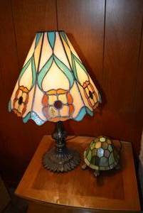 lot 88 image: Stained Glass Table Lamp with Cast Base and Stained Glass Turtle Night Light