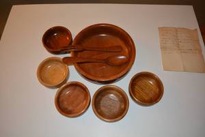 lot 99 image: Wooden Bowls and Utencils made with Different Woods, Matches Lot 97, with list of Where theyre from