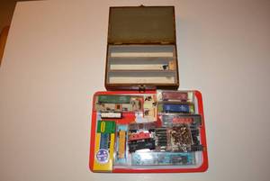 lot 112 image: Wooden Train Car Box with Miniature Train Cars and Track