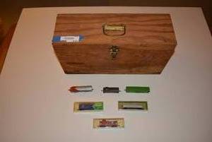 lot 111 image: Wooden Box with Miniature Train Car Models