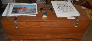 lot 123 image: Wood Model train Storage carrying case  with model train designs and train pictures