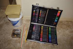 lot 289 image: Art Supply Kit and Tub of Pressure Sensitive Adhensive