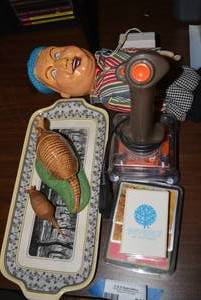 lot 303 image: Vintage TOPSTAR SV-227 Pc  JOYSTICK, Talking Puppet, Card Decks and Armadillo Figurines