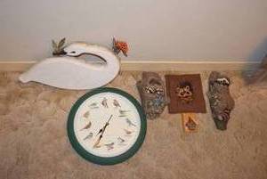 lot 339 image: Bird Clock, Wooden Swan Wall Hanging and Raccoon Lot Embroidery, Hand Painted Signed Miniature and Wall Dcor