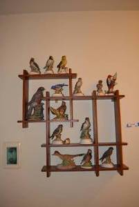 lot 340 image: China Bird Figurines and Wooden Shelf