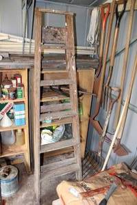 lot 381 image: Wooden Ladder Plus Contents of Shelves