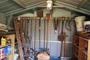 lot 382 image: Garden Tools Racks, Shovels and Trimmers (Ladder not Included)
