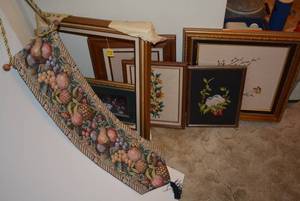 lot 372 image: Wall Art and Frames Including Embroidery Flowers and Birds