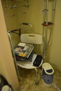 lot 369 image: Portable Bath Seat, Walker, Crutches, Humidifier and More
