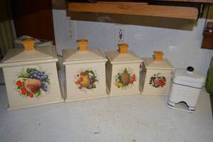 lot 201 image: Square Cannister Set with Fruit Design and extra Tea Cannister