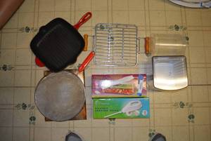 lot 166 image: Cast Iron Grill Skillet, Carving Knife, Bread Slicers and More