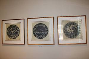 lot 31 image: 3 Picture Set Ethan Allen Blue Porcelain Peacock, Blue and White Hand-Painted Porcelain Hand-embellished giclee - 34 x 34Each