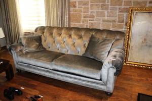 lot 42 image: Ethan Allen Velvet Couch, Featherblend Silver Gray