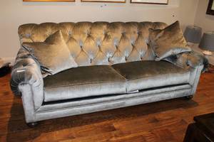 lot 43 image: Ethan Allen Velvet Couch, Featherblend Silver Gray