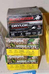 lot 59 image: Ammo 3 Box Mixed lot of Steel shot 12 gauge 2 34 #4shot and 3 in #3 shot