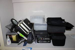 lot 75 image: Ammo Misc lot of hunting items bags, boxes, spikes and climbing spikes see pics and preview