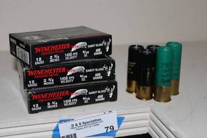 lot 79 image: Ammo 3 Boxes of Winchester and 5 mixed 12 Gauge Slugs see pics