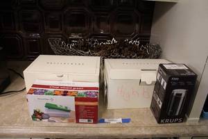 lot 138 image: Krups Coffee Grinder, Metal Dcor Basket, Highball Glass Set