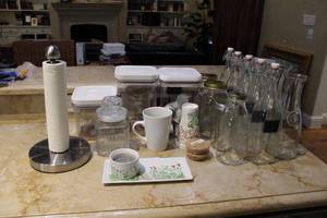 lot 151 image: Misc. Jars, Plastic and Glass, Coffee K-Cups, Paper Towel Holder