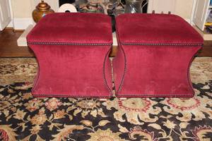lot 170 image: Ethan Allen Corbin Ottomans, Red Velvet