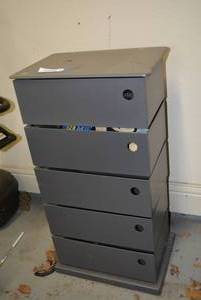 lot 221 image: Metal Drawer Unit - Drawers swing out, Plus Work Gloves, Water Bottles and Safety Goggles
