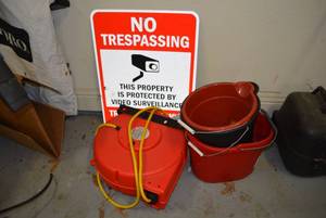 lot 223 image: Reel Works Cord Reel, No Trespassing Sign and Buckets