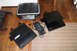 lot 329 image: Two Lenovo Desk Stands, Lexmark Copier Model 4443-11n and Surge Protector