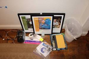lot 335 image: Misc. Office Supplies 3 Frames, Brother Label Maker, Ape Books