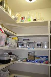 lot 131 image: Pantry shelfs Contents Listed Square Plastic Storage Bins, Plastic Cups and More