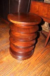 lot 153 image: Ethan Allen Accordion Table, made in Indonesia looks and feels to be solid wood. Looks like its made from one piece of wood.