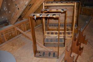 lot 442 image: Wooden Gun Racks Includes Rush Creek Rack these have some breaks in pieces some parts still there just need glued PREVIEW RECCOMMENDED