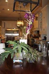 lot 195 image: Ethan Allen Tropical Leaf Watergarden in Square Base, Small Desk Plant and Tall Frosted Vase with Branch Centerpiece