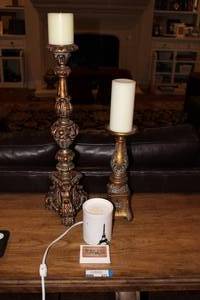lot 271 image: Antiqued Golden Column Candlesticks, Wax Melt Warmer and Card Deck