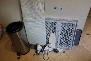 lot 260 image: Ironing Board, Iron, Steamer, Trash Bin and Dog Gate