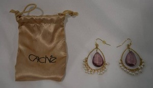 lot 727 image: Cache faux seed pearl and faux Amethyst dangle drop French ear wire earrings. With storage bag.