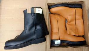 lot 15 image: Two (2 X Money) pairs of boots, the colors are black and honey , Size US 12 Mens, MX 30.5 cm honey are Oil and Acid Resistent