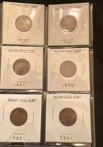 lot 42 image: 6 Indian Head Cent Coins4 V Nickels